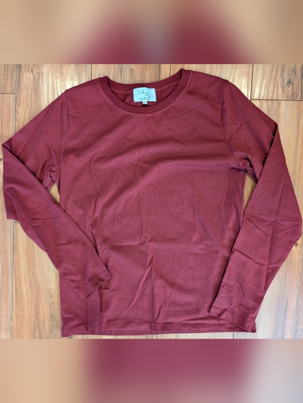 Américo & Rosa Burgundy Long Sleeve Crewneck Tee - 100% Cotton - Size Large